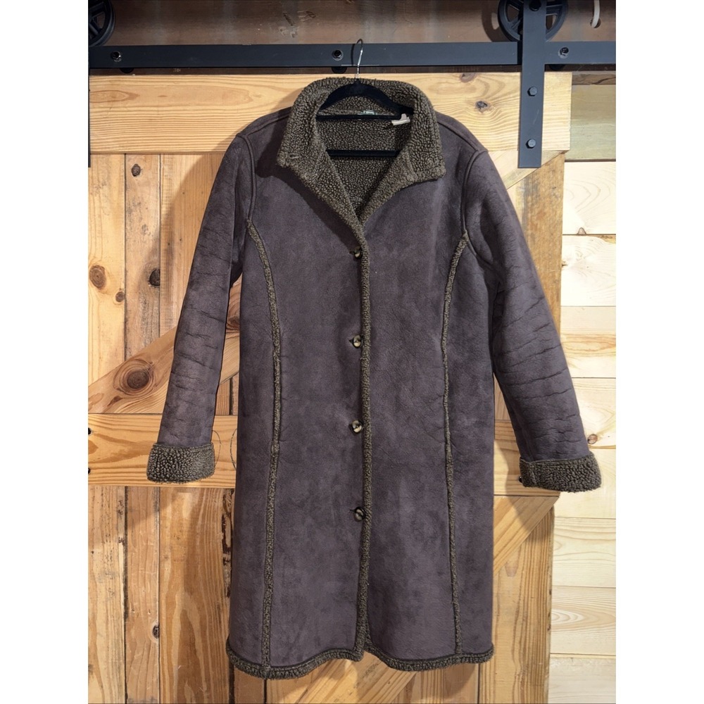 L.L. Bean Sherpa Lined Faux Suede Shearling Jacket Womens Sz L Barn Chore Coat